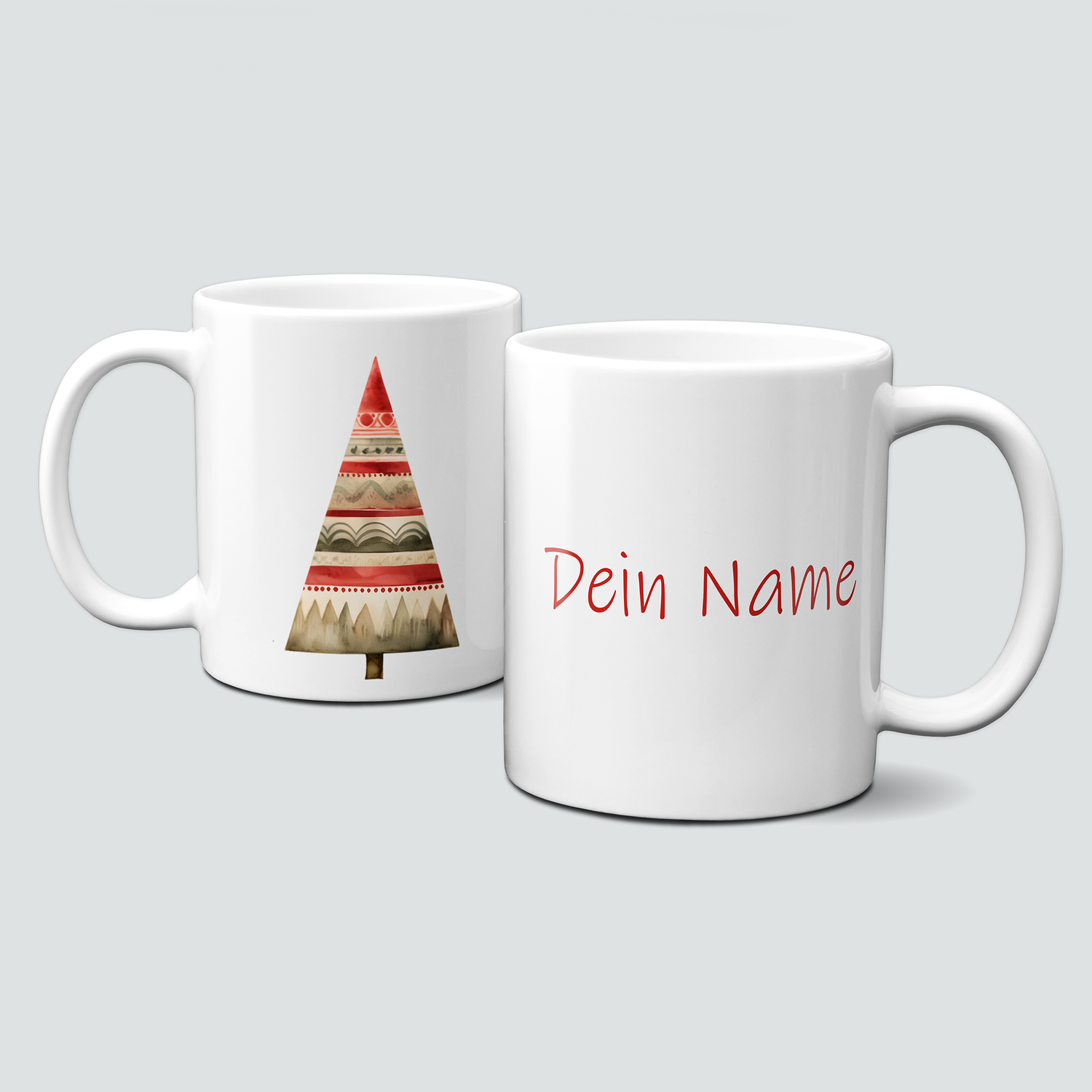 Keramiktasse mit Weihnachtsmotiv-Winter-bunter Weihnachtsbaum-rot-Dein Name