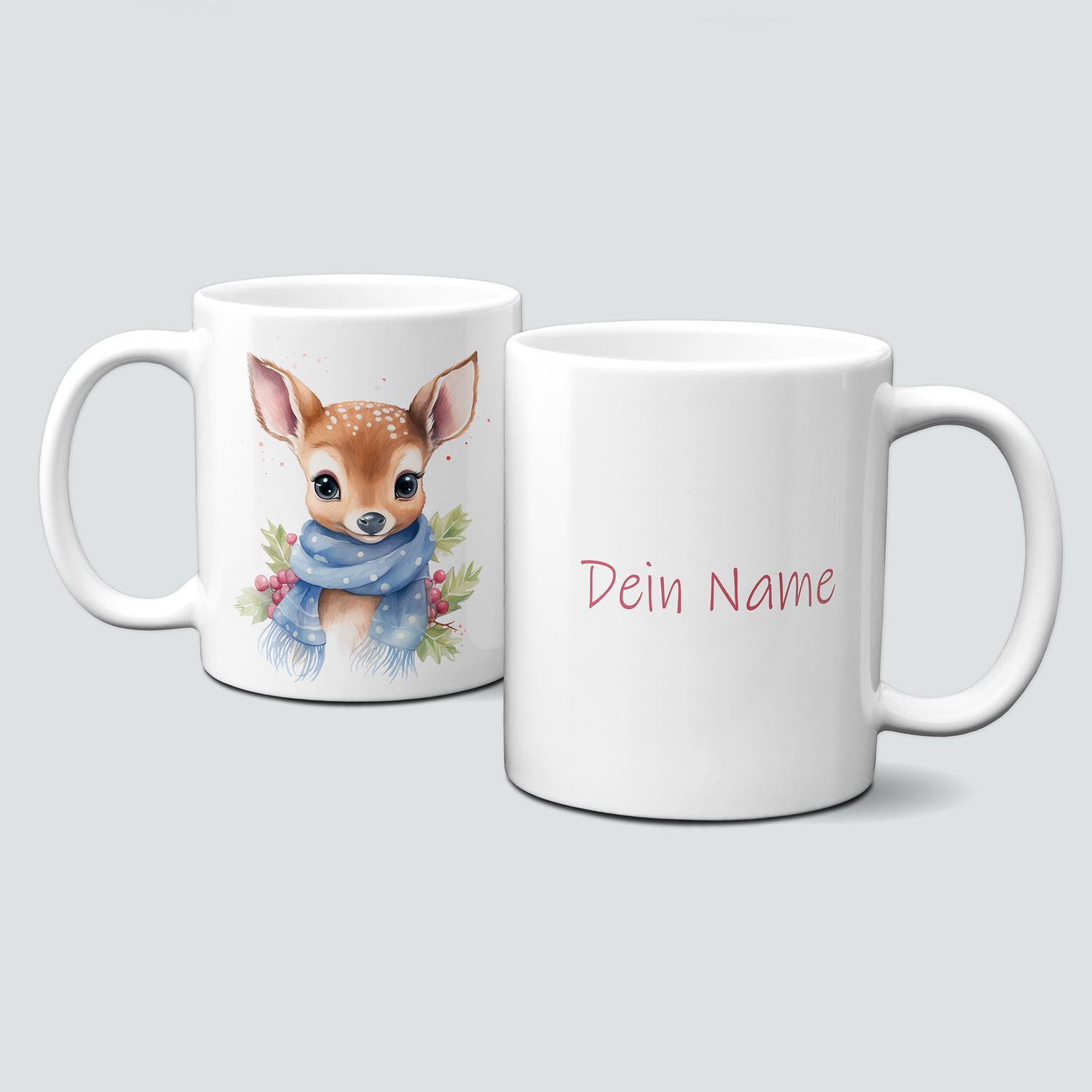 Keramiktasse mit Weihnachtsmotiv-Winter-Reh-Rehkitz-blauer Schal