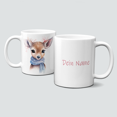 Keramiktasse mit Weihnachtsmotiv-Winter-Reh-blauer Schal