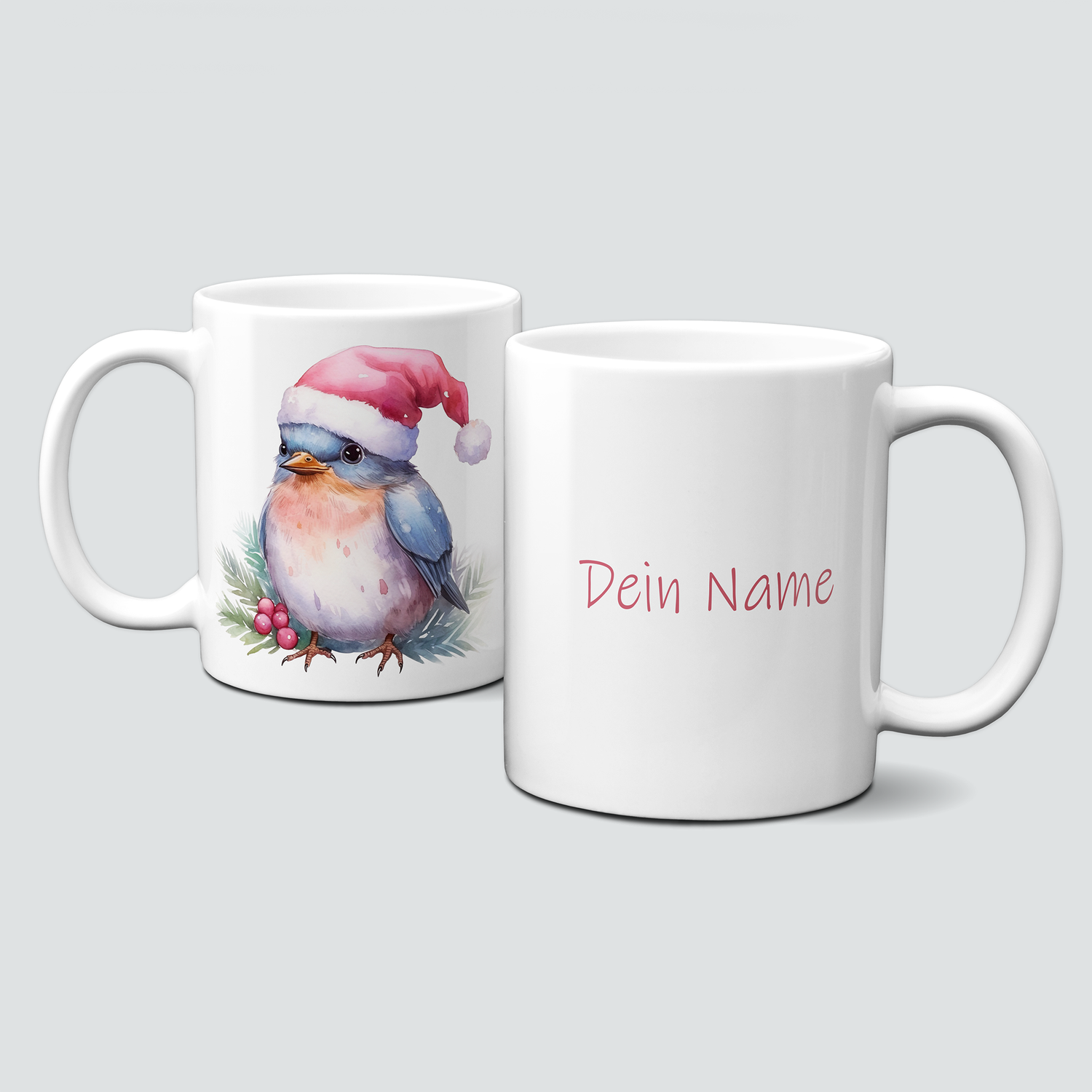 Keramiktasse mit Weihnachtsmotiv-Winter-Vogel-Haube-Personalsisierbar