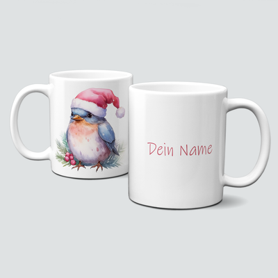 Keramiktasse mit Weihnachtsmotiv-Winter-Vogel-Haube-Personalsisierbar Keramiktasse mit Weihnachtsmotiv-Winter-Vogel-Haube-Personalsisierbar