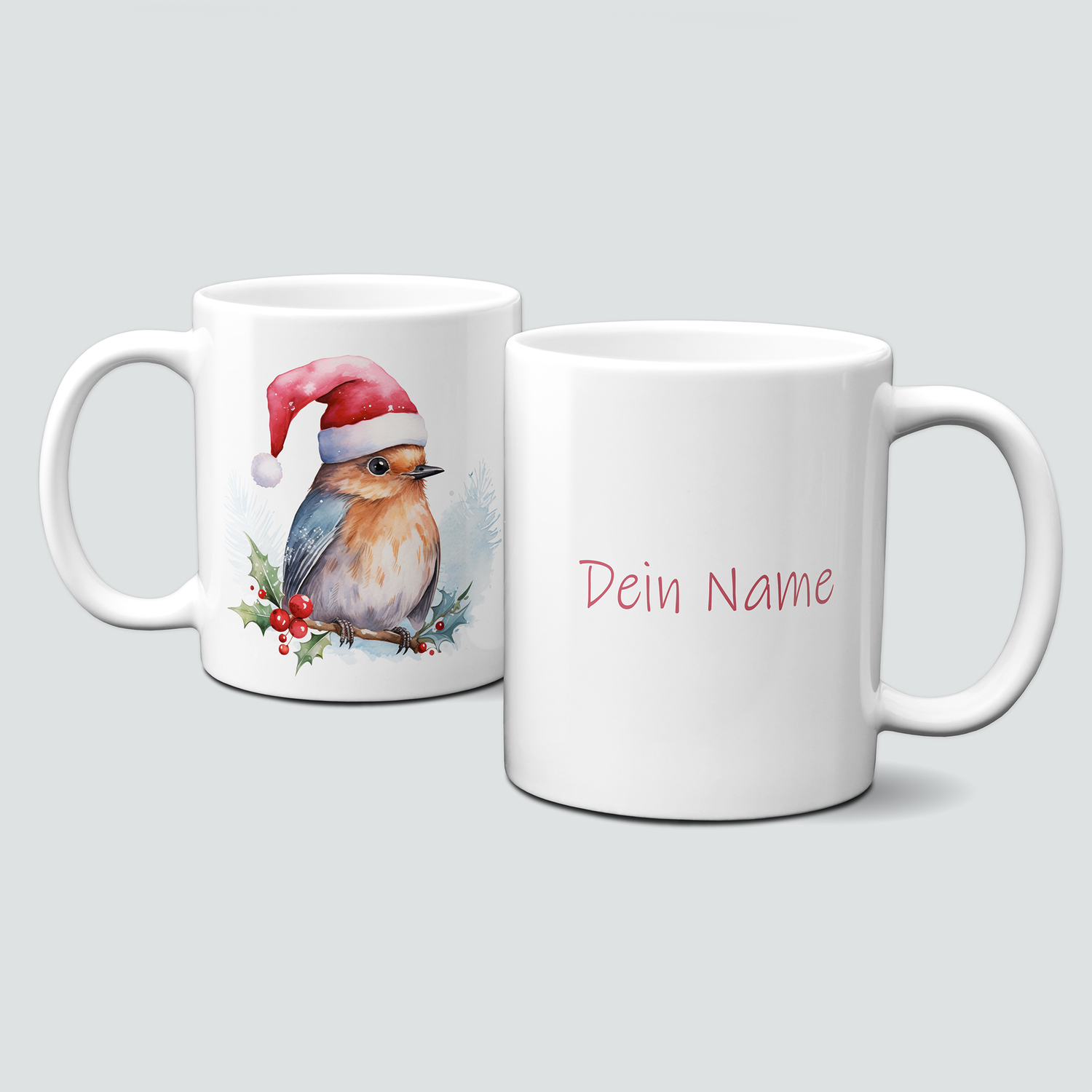 Keramiktasse mit Weihnachtsmotiv-Winter-Vogel-Haube-Personalisierbar