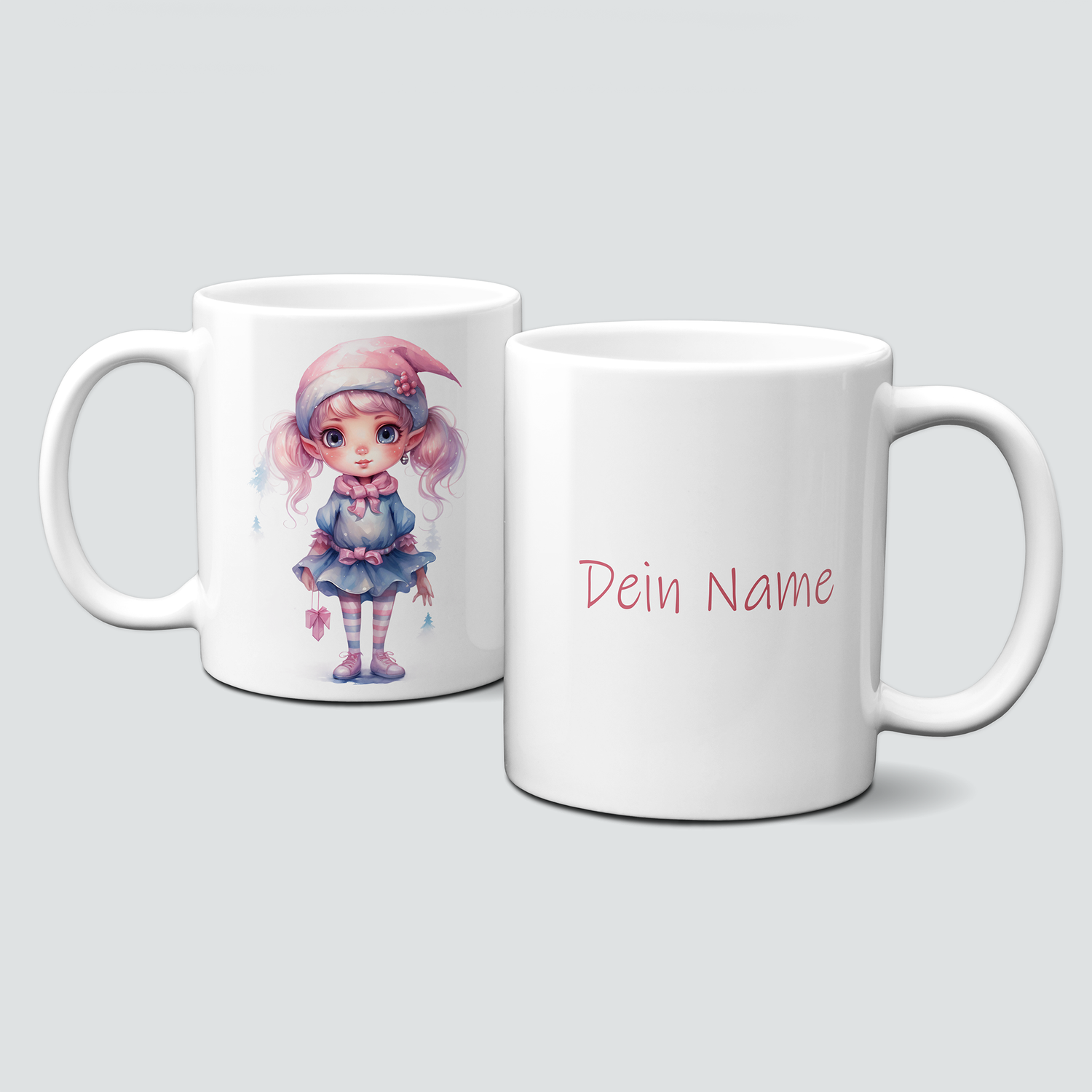 Keramiktasse mit Weihnachtsmotiv-Winter-Mädchen-Zipfelmütze-Personalisierbar