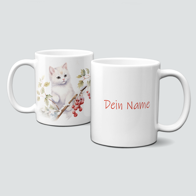 Keramiktasse mit Weihnachtsmotiv-Winter-Katze-Zweig-Personalisierbar