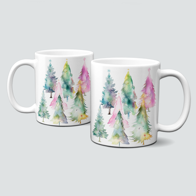 Keramiktasse mit Weihnachtsmotiv-Winter-bunte Weihnachtsbäume-Wald-rosa-grün