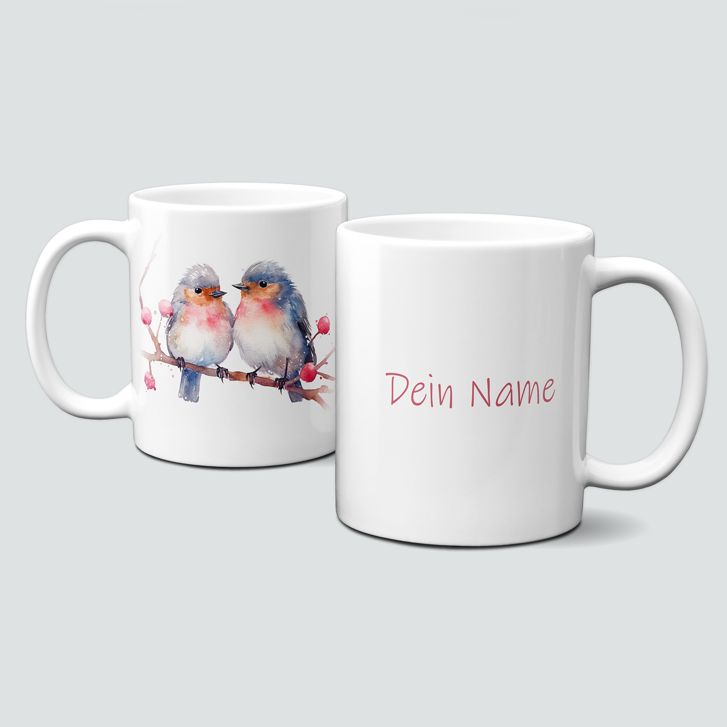 Keramiktasse mit Weihnachtsmotiv-Winter-Vögel-Ast-Personalsisierbar