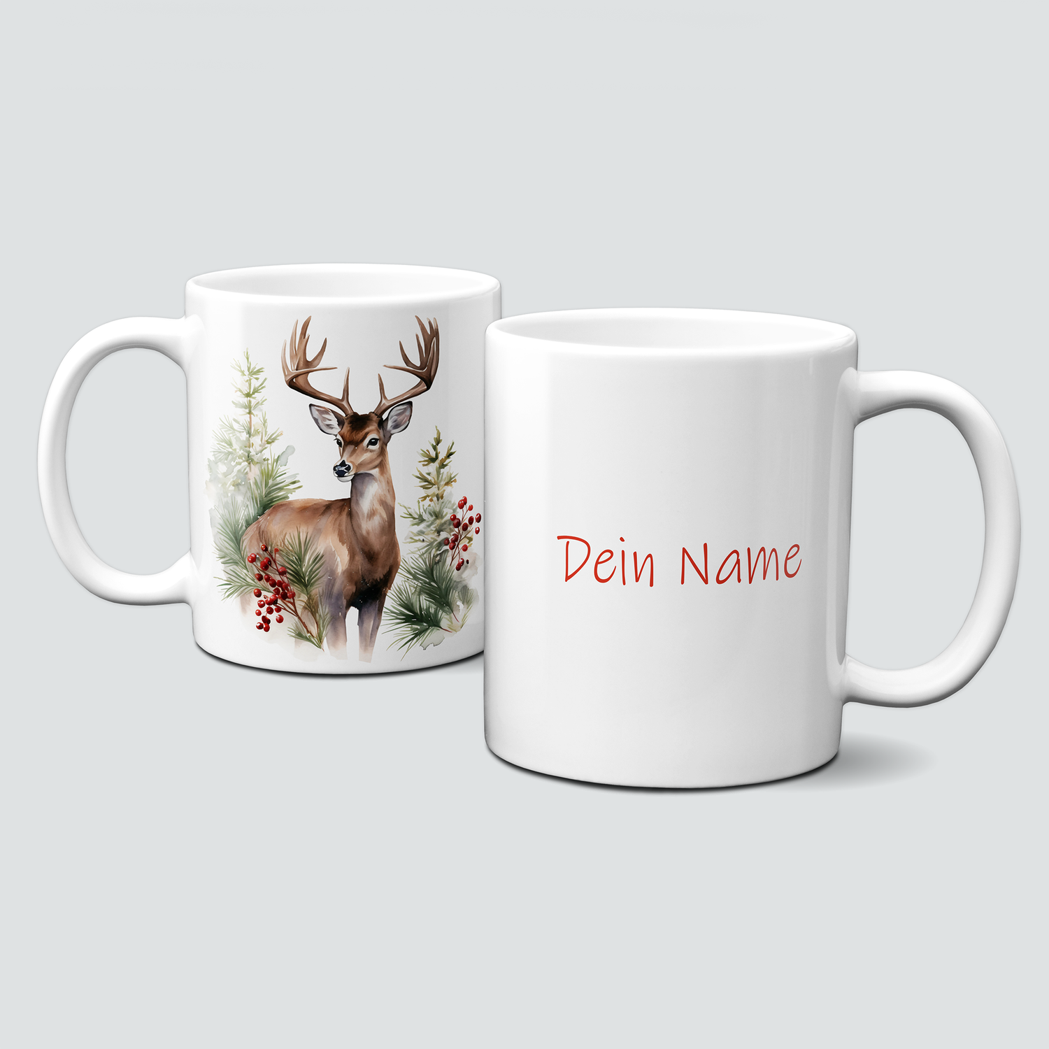 Keramiktasse mit Weihnachtsmotiv-Winter-Hirsch-Wald-Personalisierbar