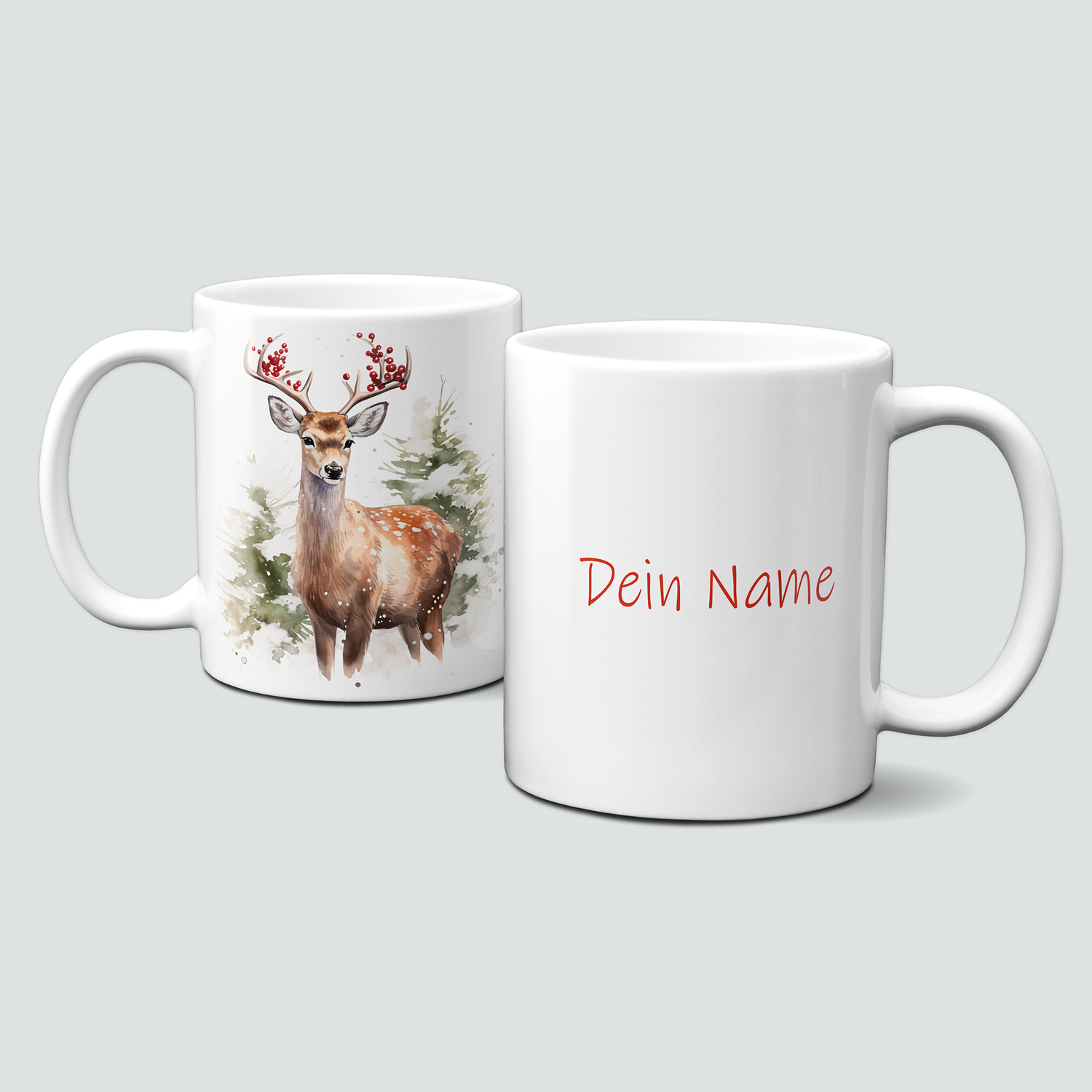Keramiktasse mit Weihnachtsmotiv-Winter-Hirsch-Bäume-Personalisierbar