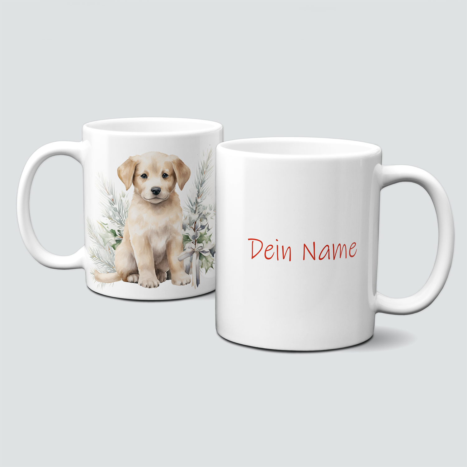 Keramiktasse mit Weihnachtsmotiv-Winter-Hund-Pflanzen-Personalisierbar