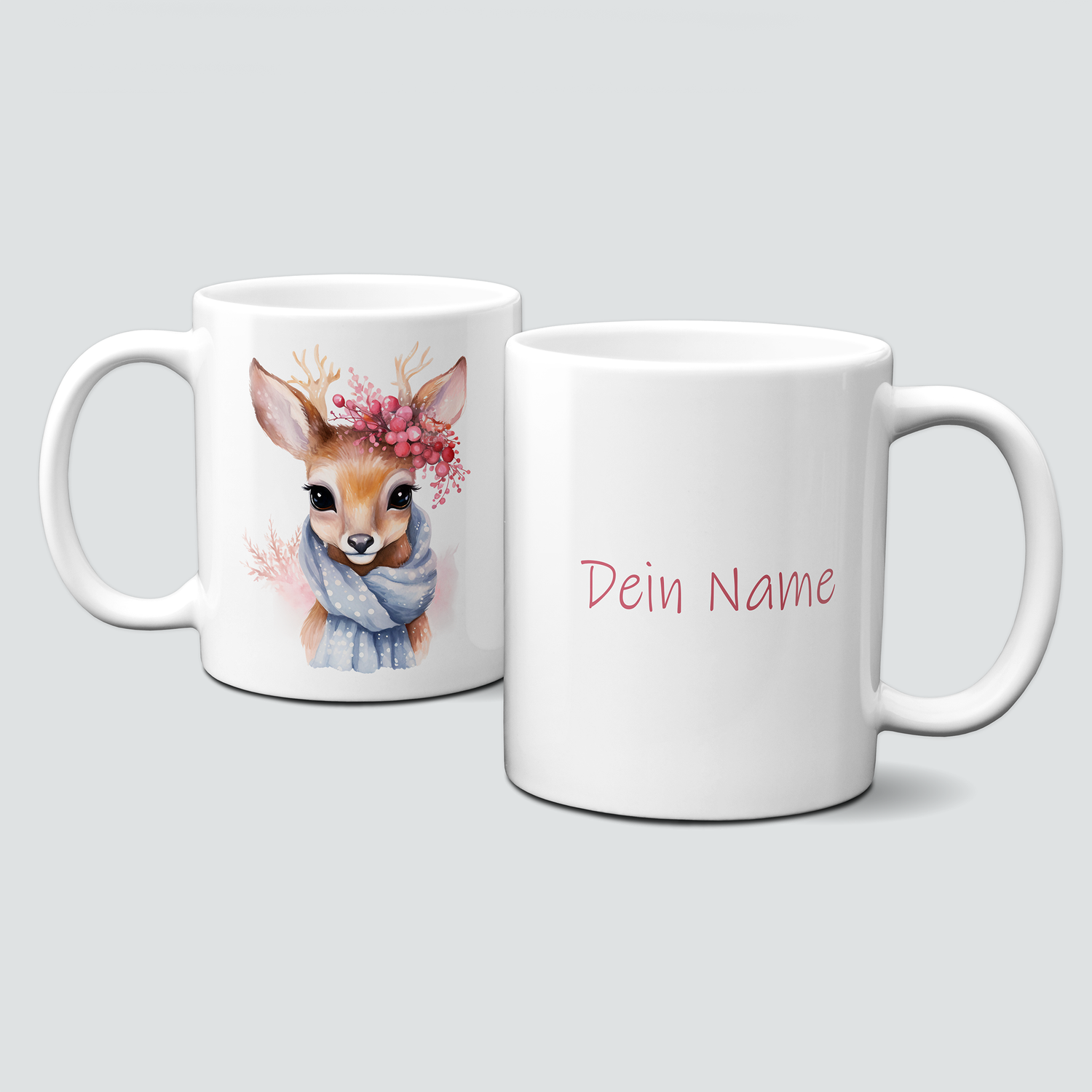 Keramiktasse mit Weihnachtsmotiv-Winter-Reh-rosa Beeren