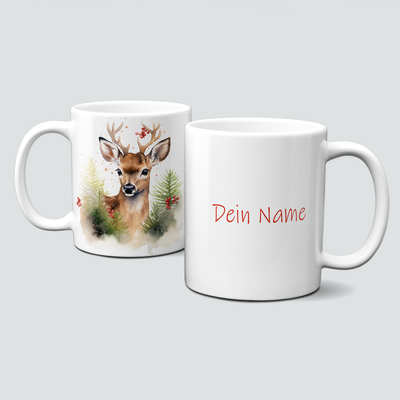 Keramiktasse mit Weihnachtsmotiv-Winter-Hirsch-Wald-Personalisierbar