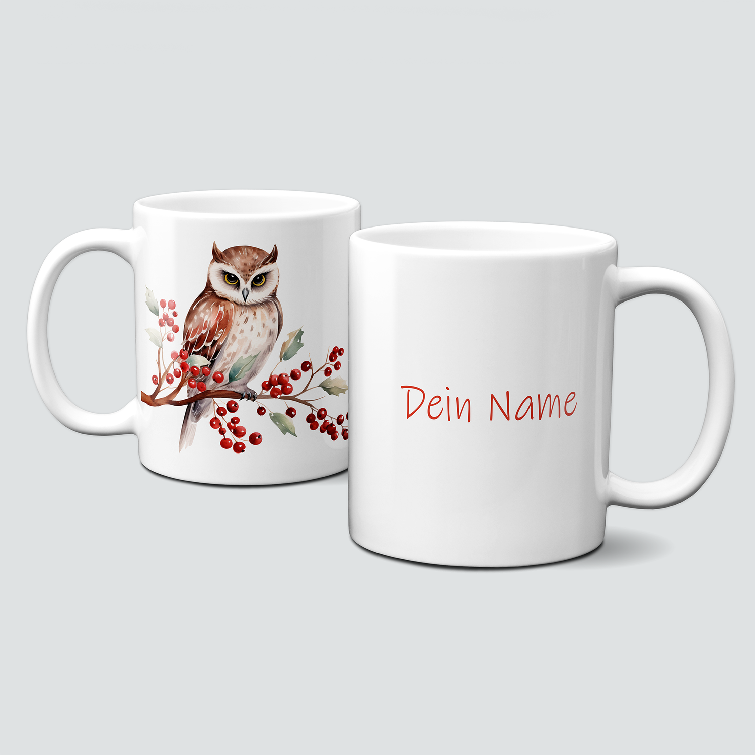 Keramiktasse mit Weihnachtsmotiv-Winter-Uhu-Zweig-Personalisierbar