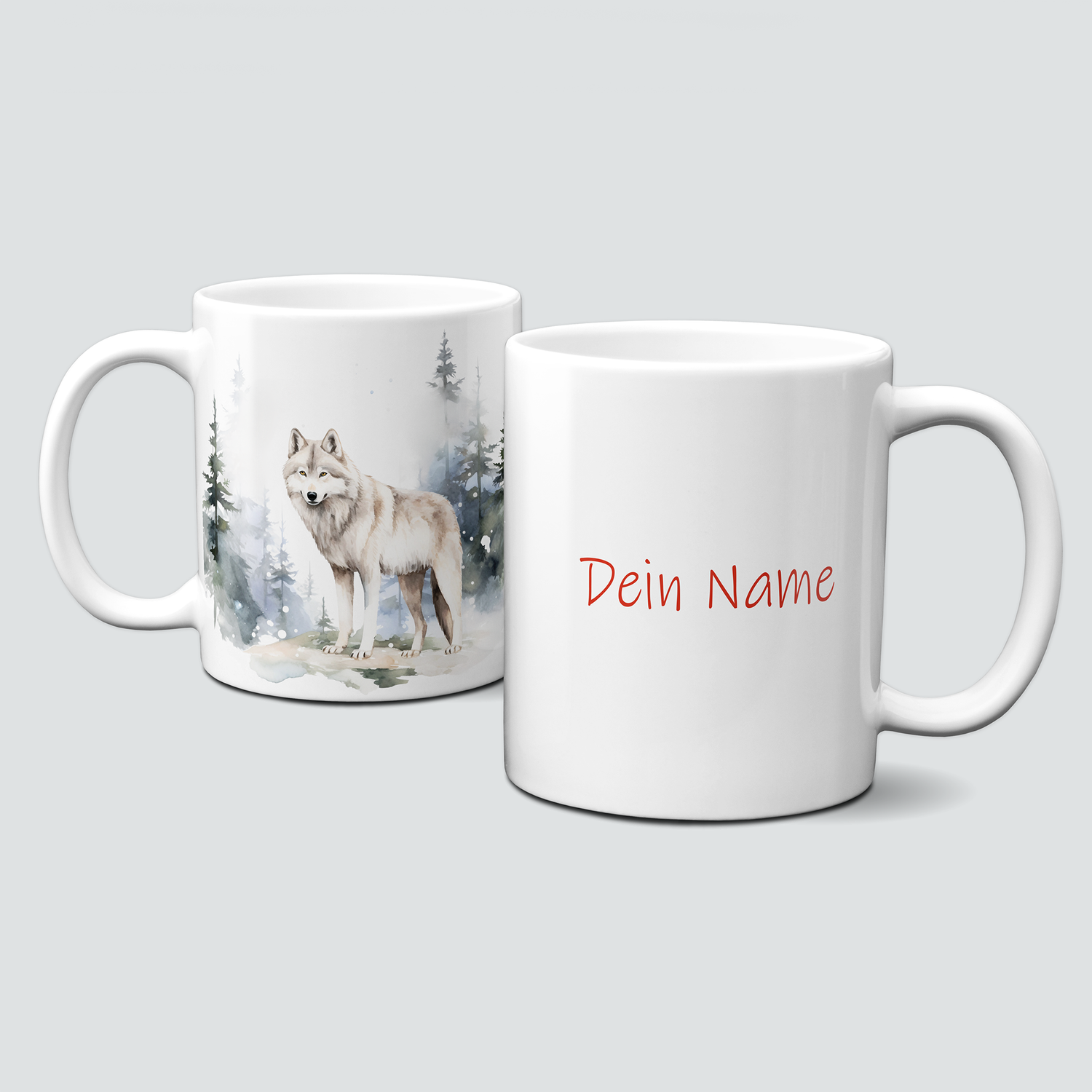 Keramiktasse mit Weihnachtsmotiv-Winter-Wolf-Bäume-Personalisierbar