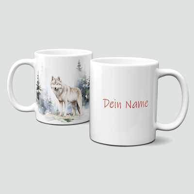 Keramiktasse mit Weihnachtsmotiv-Winter-Wolf-Bäume-Personalisierbar