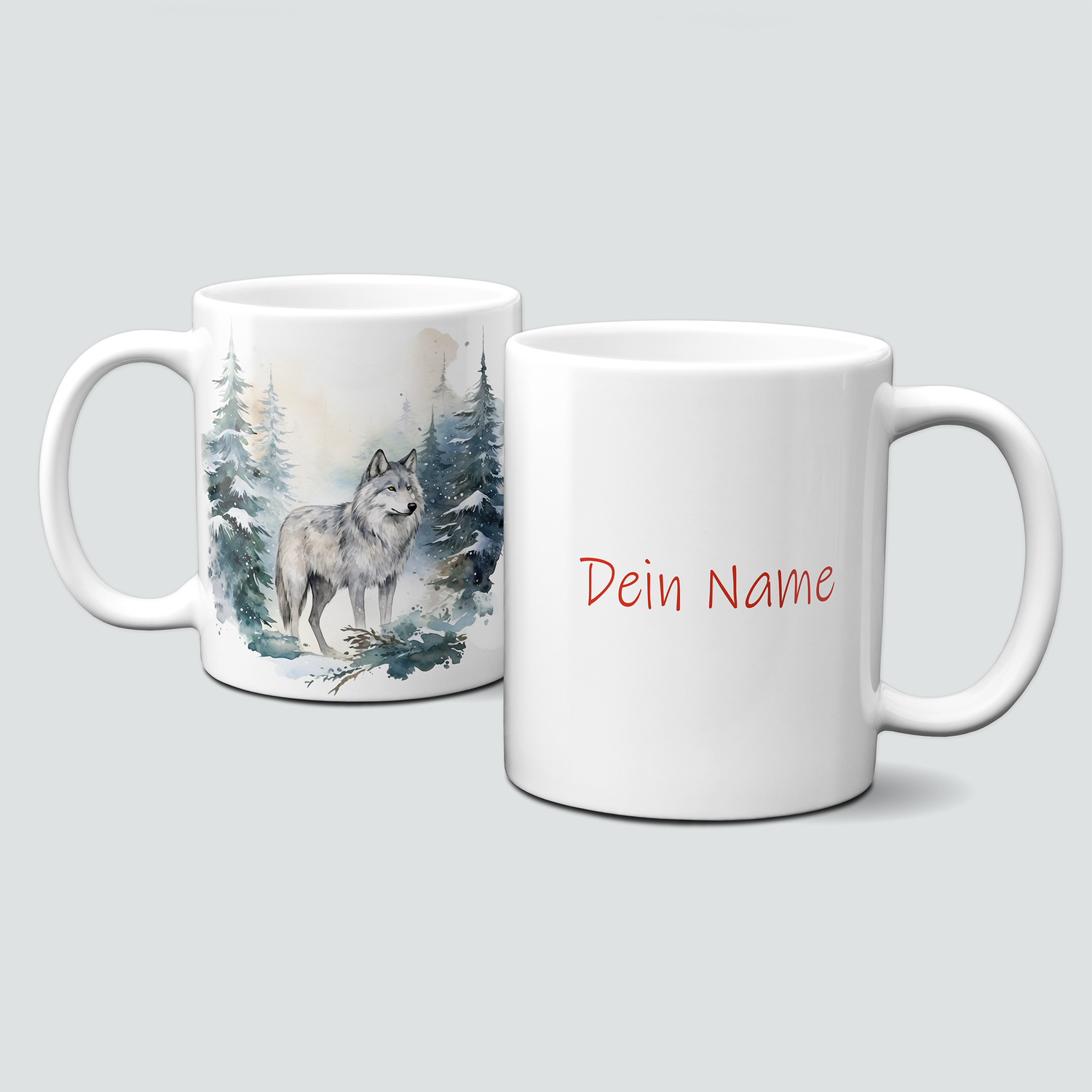Keramiktasse mit Weihnachtsmotiv-Winter-Wolf-Wald-Personalisierbar