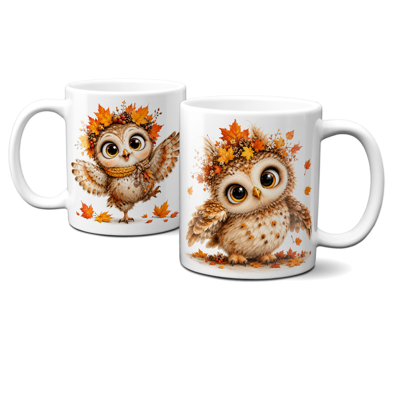 Tasse mit Herbstmotiven - Tiere, Familie Eule, Blätter, Herbst, Autumn