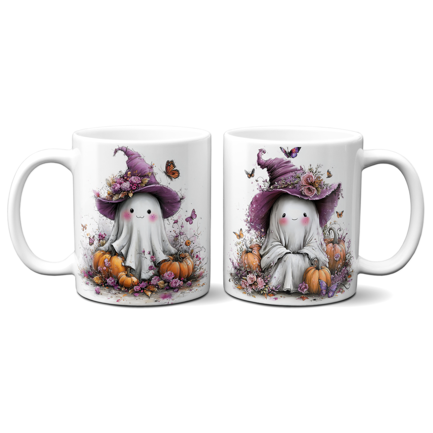 Tasse für Halloween - Niedliche Geistertasse mit Hut &amp; Kürbissen – Kaffeetasse – verschiedene Geistermotive –
