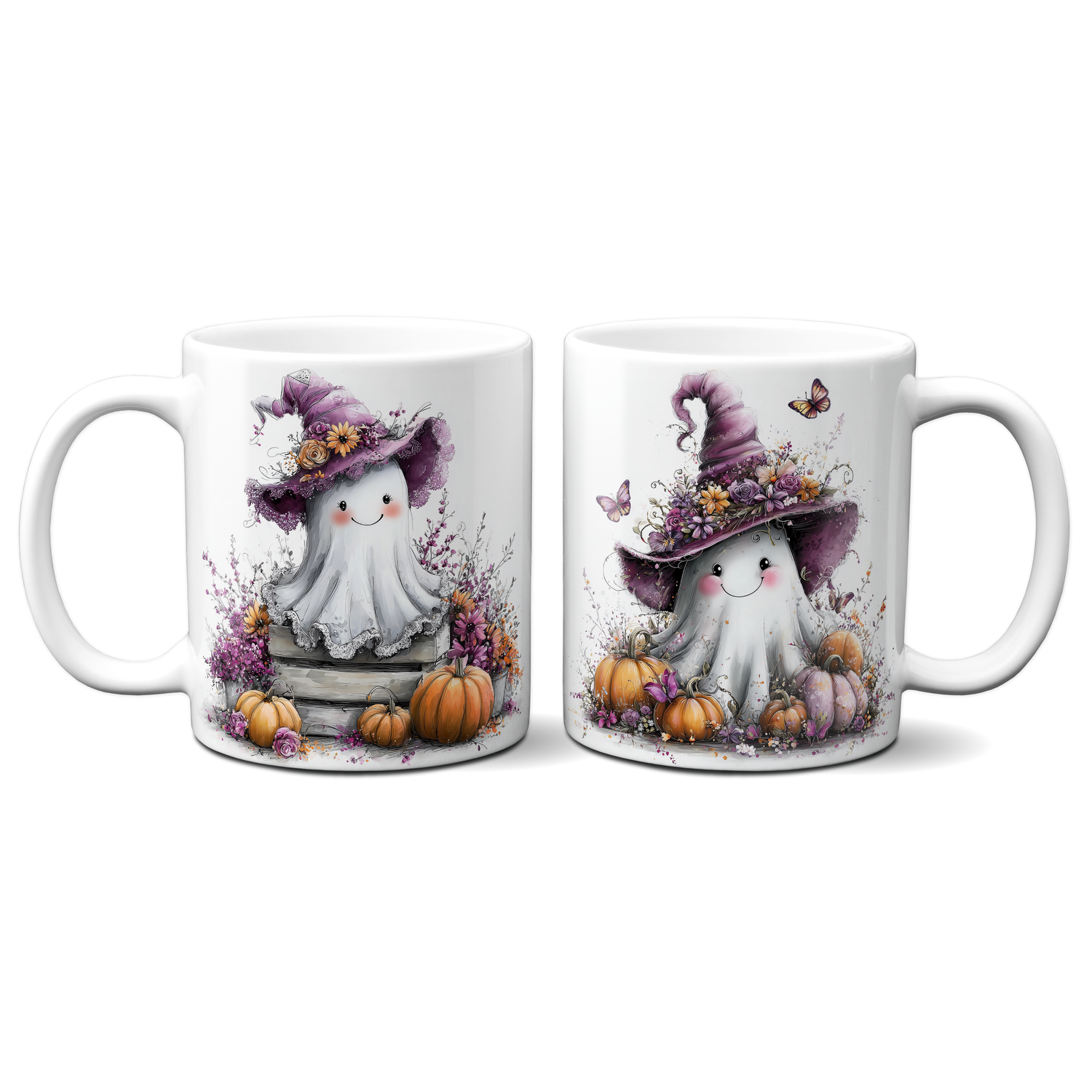 Tasse für Halloween - Niedliche Geistertasse mit Hut &amp; Kürbissen – Kaffeetasse – verschiedene Geistermotive –
