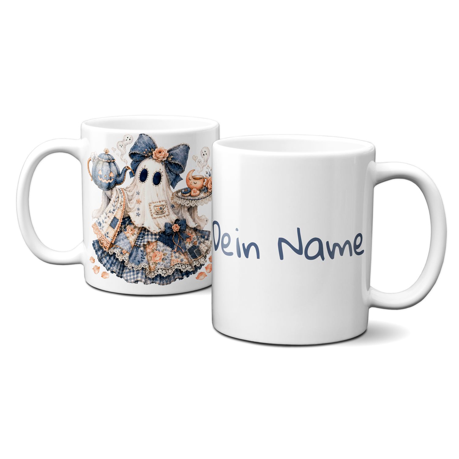 personalisierte Tasse zu Halloween - kleines blaues Gespenst, Kürbis  -