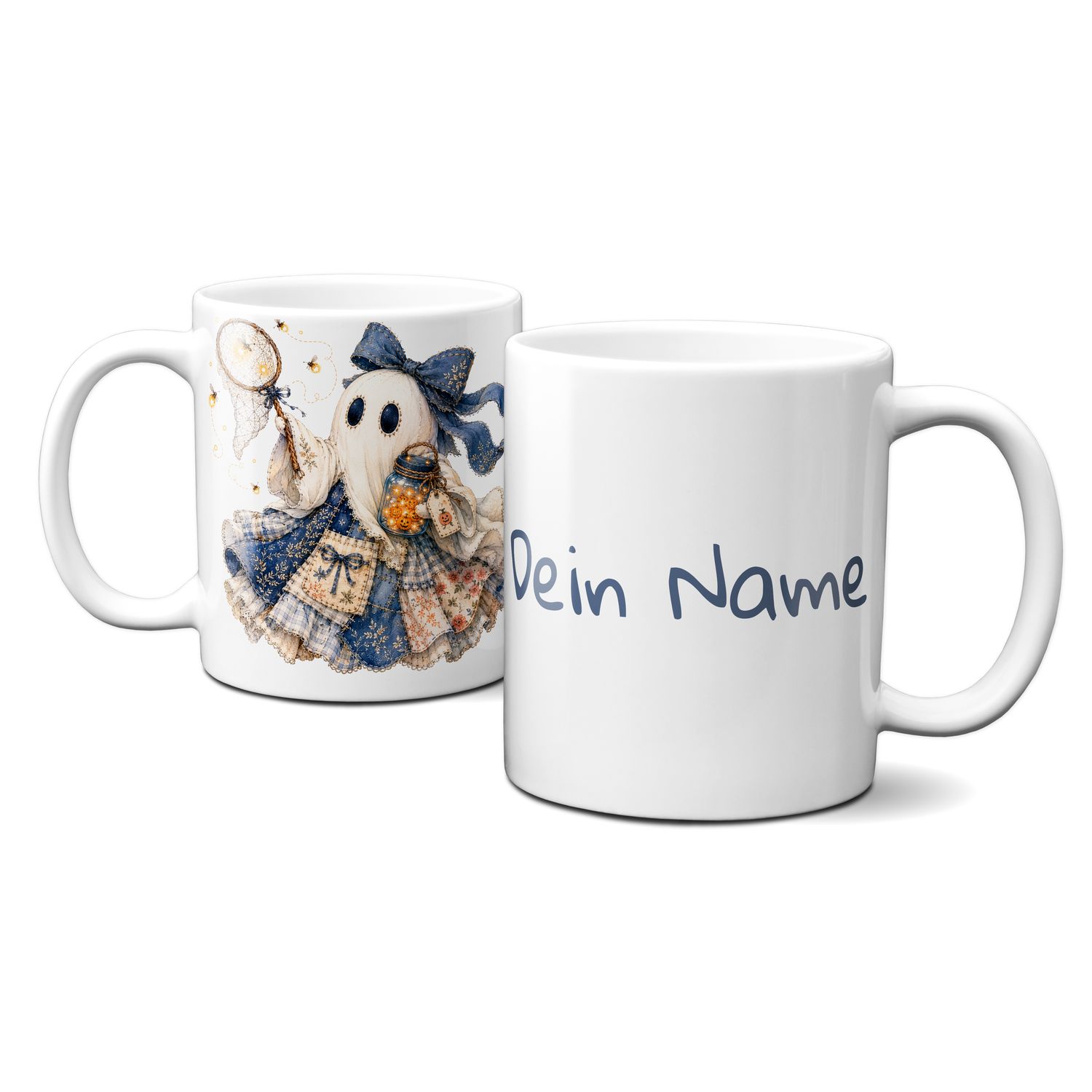 personalisierte Tasse zu Halloween - kleines blaues Gespenst mit kleinen Kürbissen