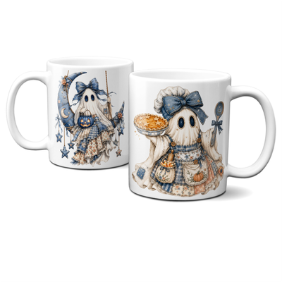Tasse für Halloween - kleine blaue Gespenster - Kaffeetasse – verschiedene Geistermotive –