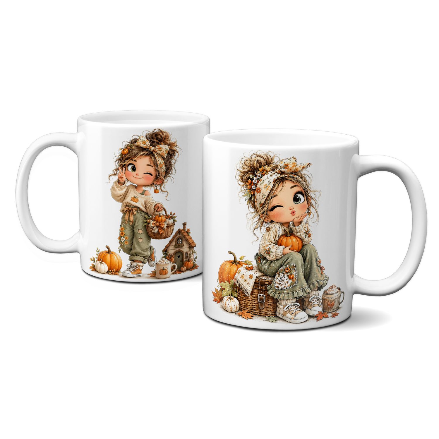 Tasse mit schönen Herbstmotiven - Blätter Kürbis Goldener Herbst Mädchen