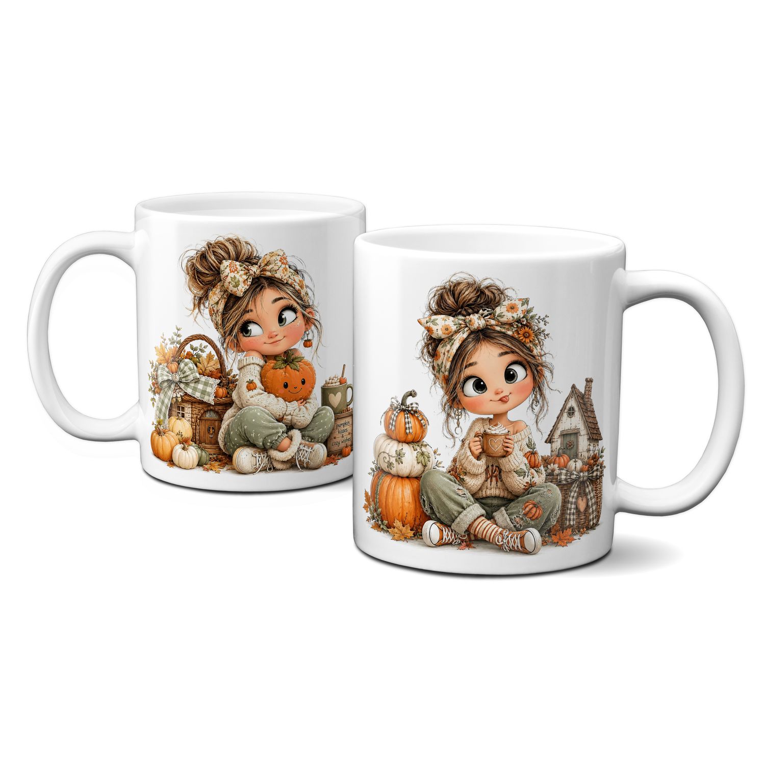 Tasse mit schönen Herbstmotiven - Blätter Kürbis Goldener Herbst Mädchen