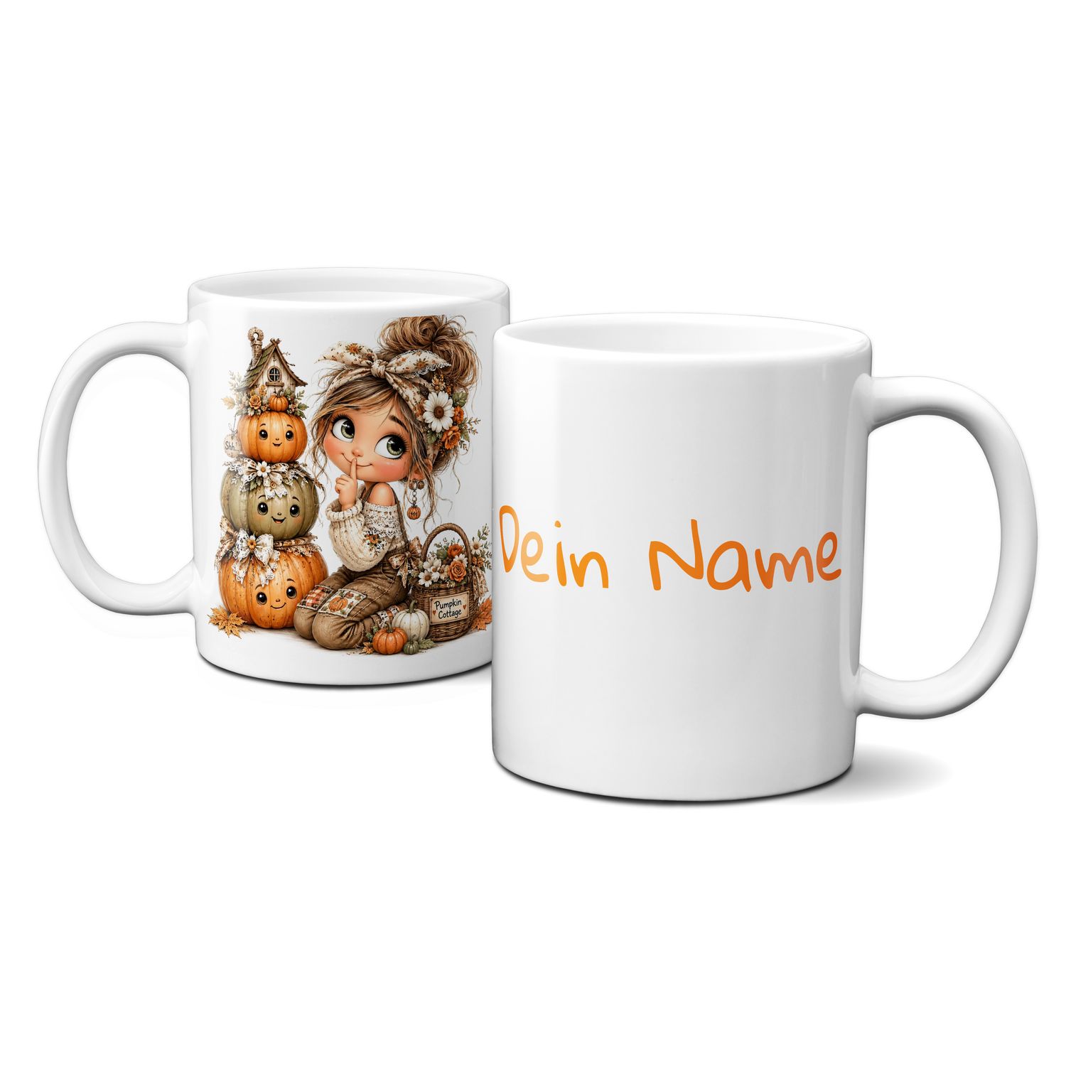 personalisierte Tasse mit tollen Herbstmotiven - Blätter Kürbis Goldener Herbst Mädchen