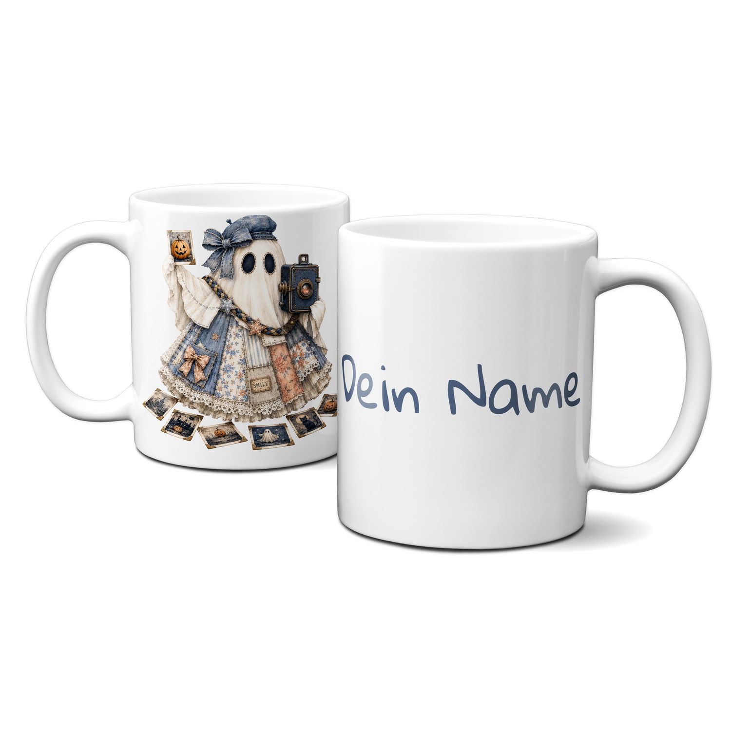 personalisierte Tasse zu Halloween - kleines blaues Gespenst -
