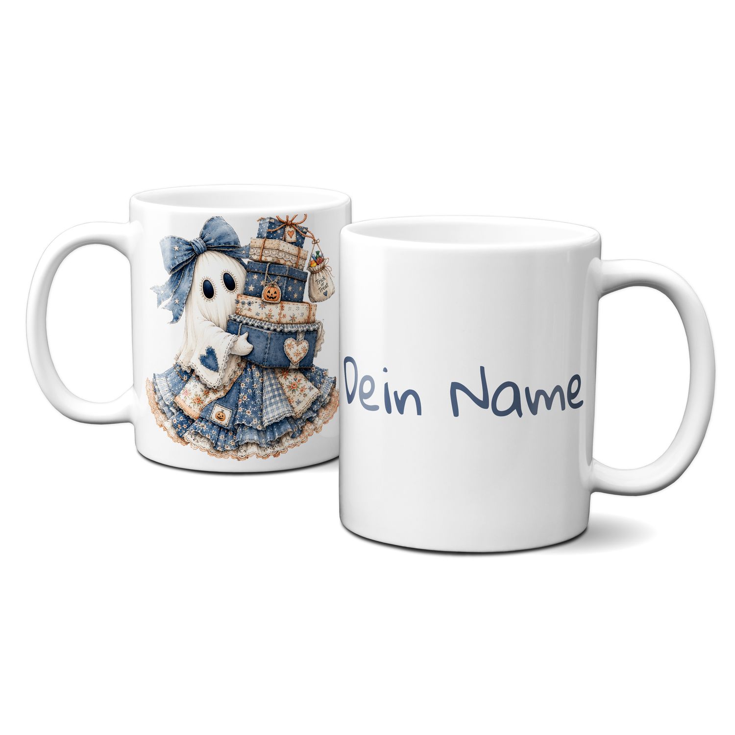 personalisierte Tasse zu Halloween - kleines blaues Gespenst mit Geschenken