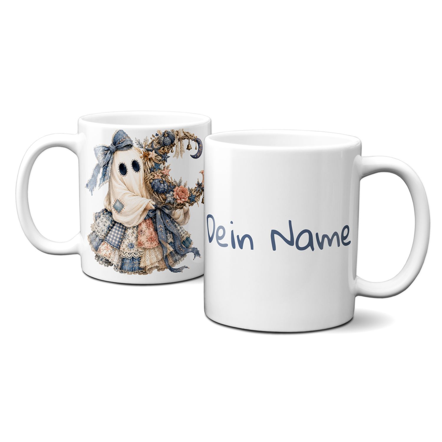 personalisierte Tasse zu Halloween - kleines blaues Gespenst mit Herbstkranz