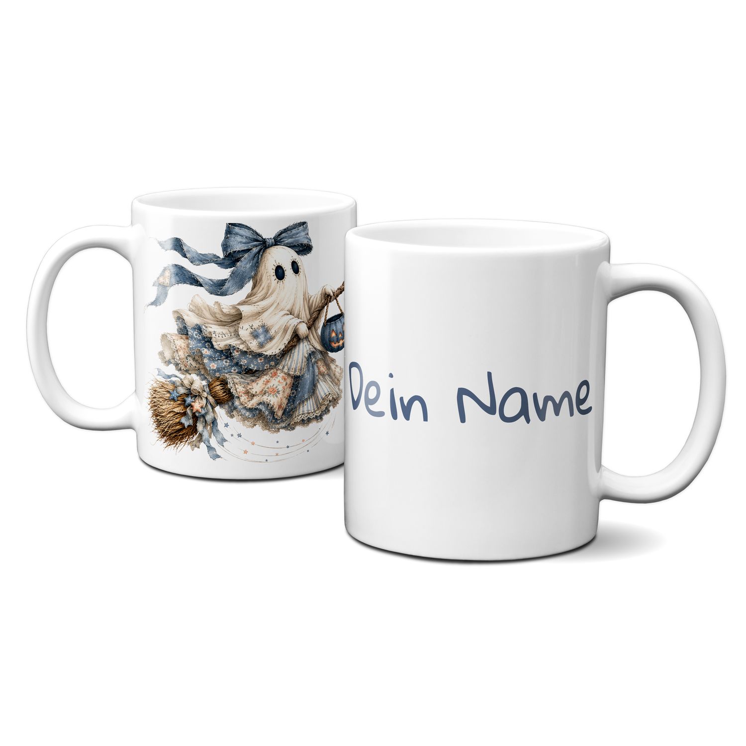 personalisierte Tasse zu Halloween - kleines blaues Gespenst auf dem Besen