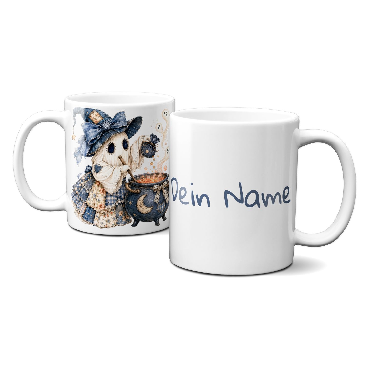 personalisierte Tasse zu Halloween - kleines blaues Gespenst am Hexenkessel