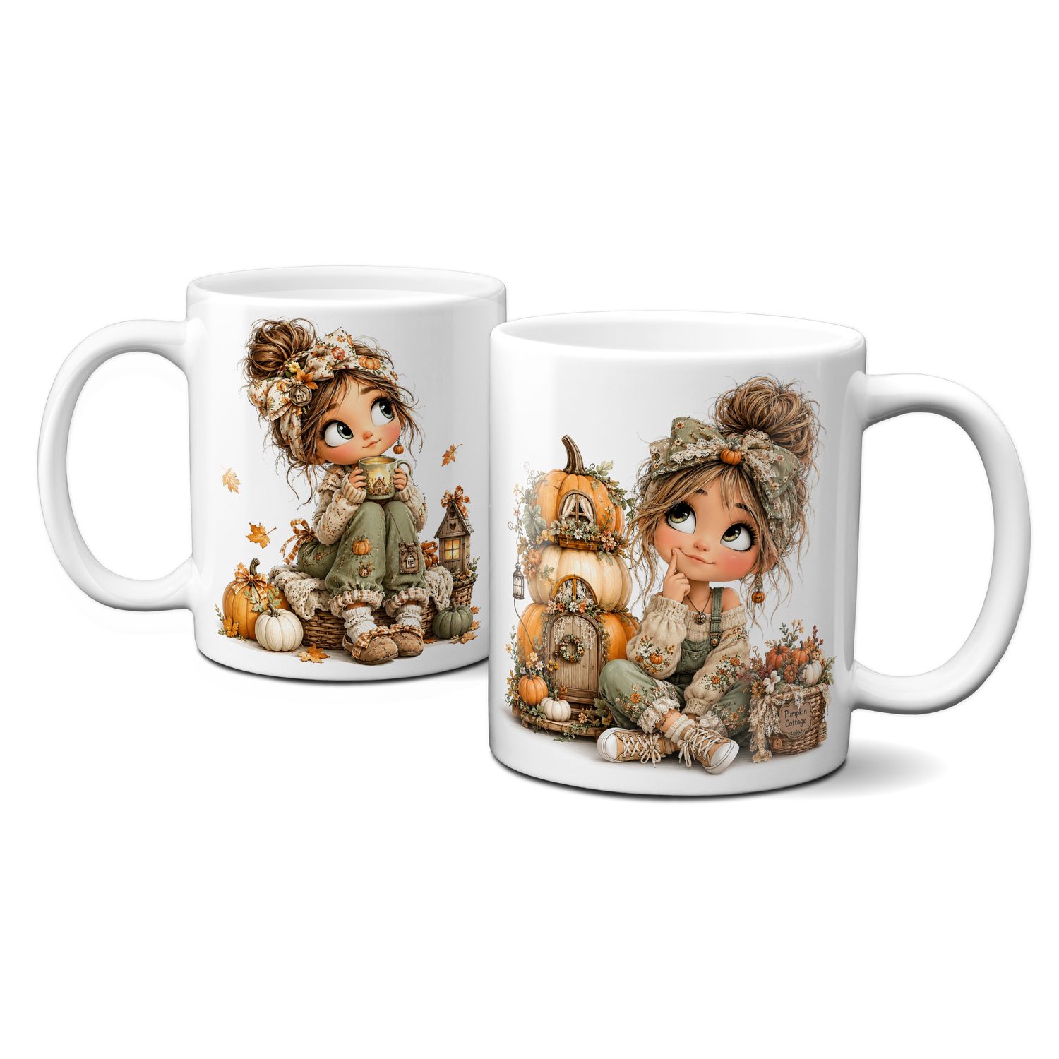 Tasse mit schönen Herbstmotiven - Blätter Kürbis Goldener Herbst Mädchen