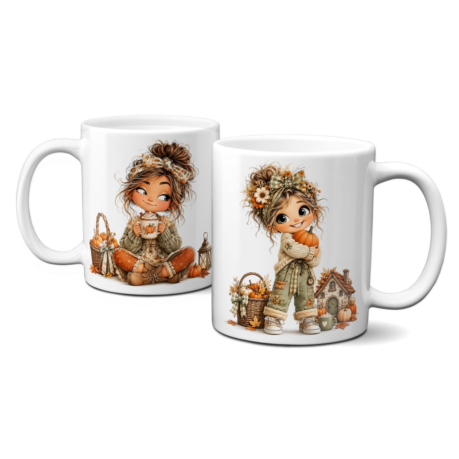 Tasse mit schönen Herbstmotiven - Blätter Kürbis Goldener Herbst Mädchen