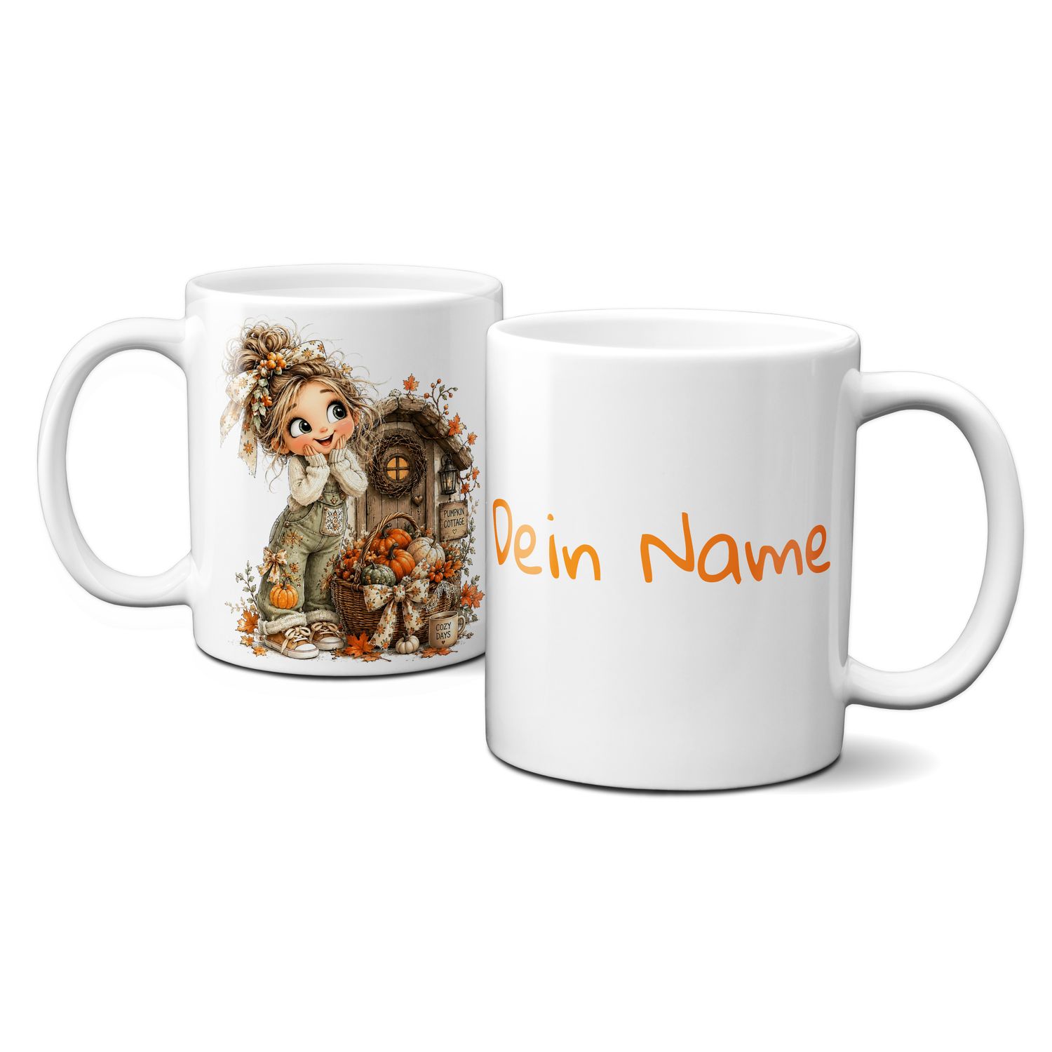 personalisierte Tasse mit tollen Herbstmotiven - Blätter Kürbis Goldener Herbst Mädchen
