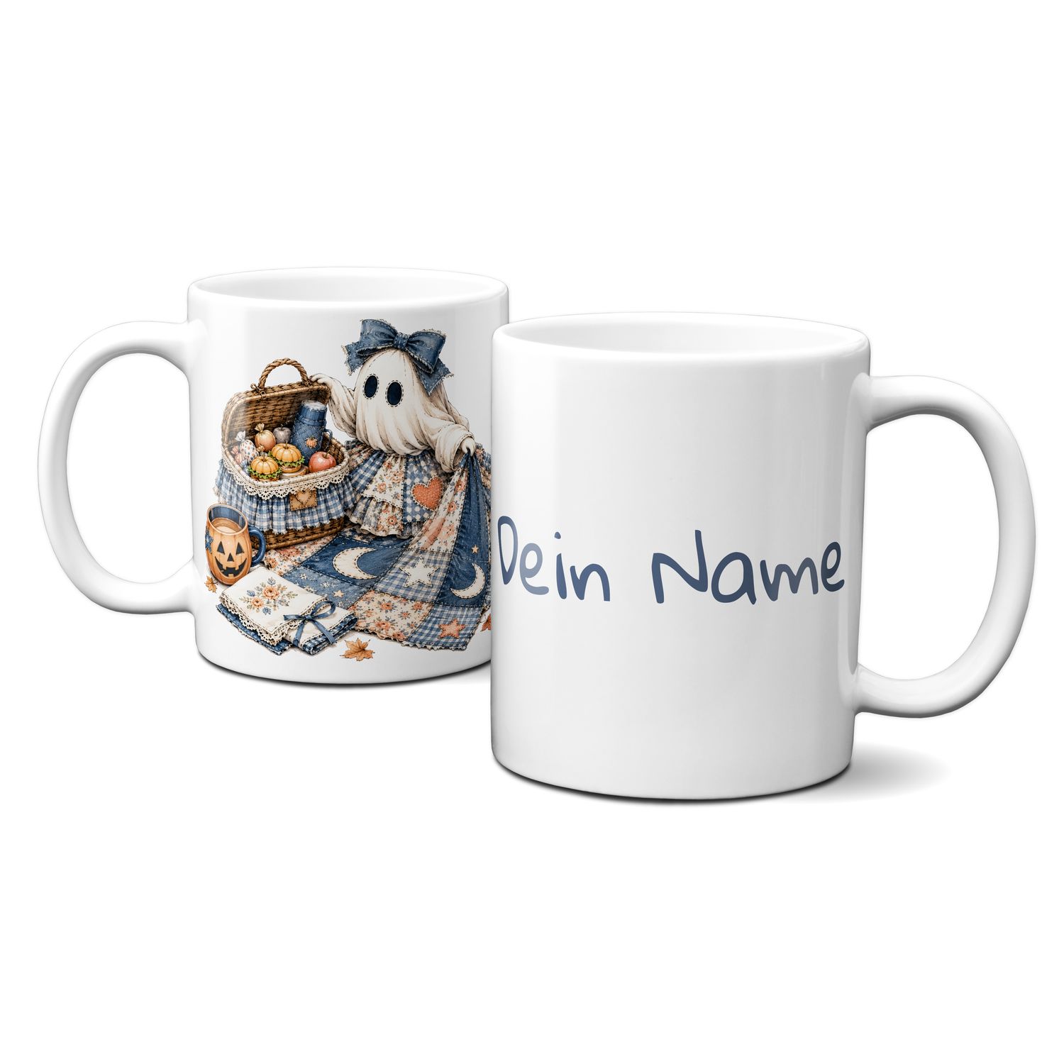 personalisierte Tasse zu Halloween - kleines blaues Gespenst beim Picknick