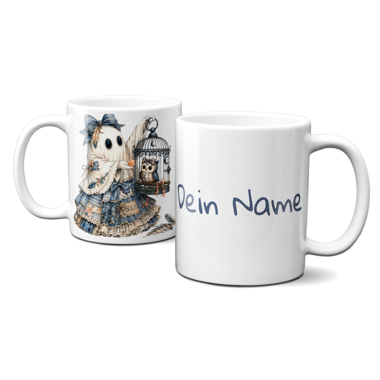 personalisierte Tasse zu Halloween - kleines blaues Gespenst mit süßer Eule