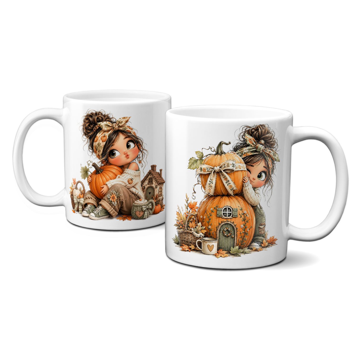 Tasse mit schönen Herbstmotiven - Blätter Kürbis Goldener Herbst Mädchen