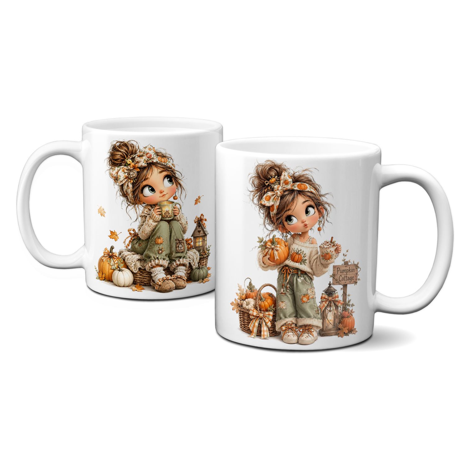 Tasse mit schönen Herbstmotiven - Blätter Kürbis Goldener Herbst Mädchen
