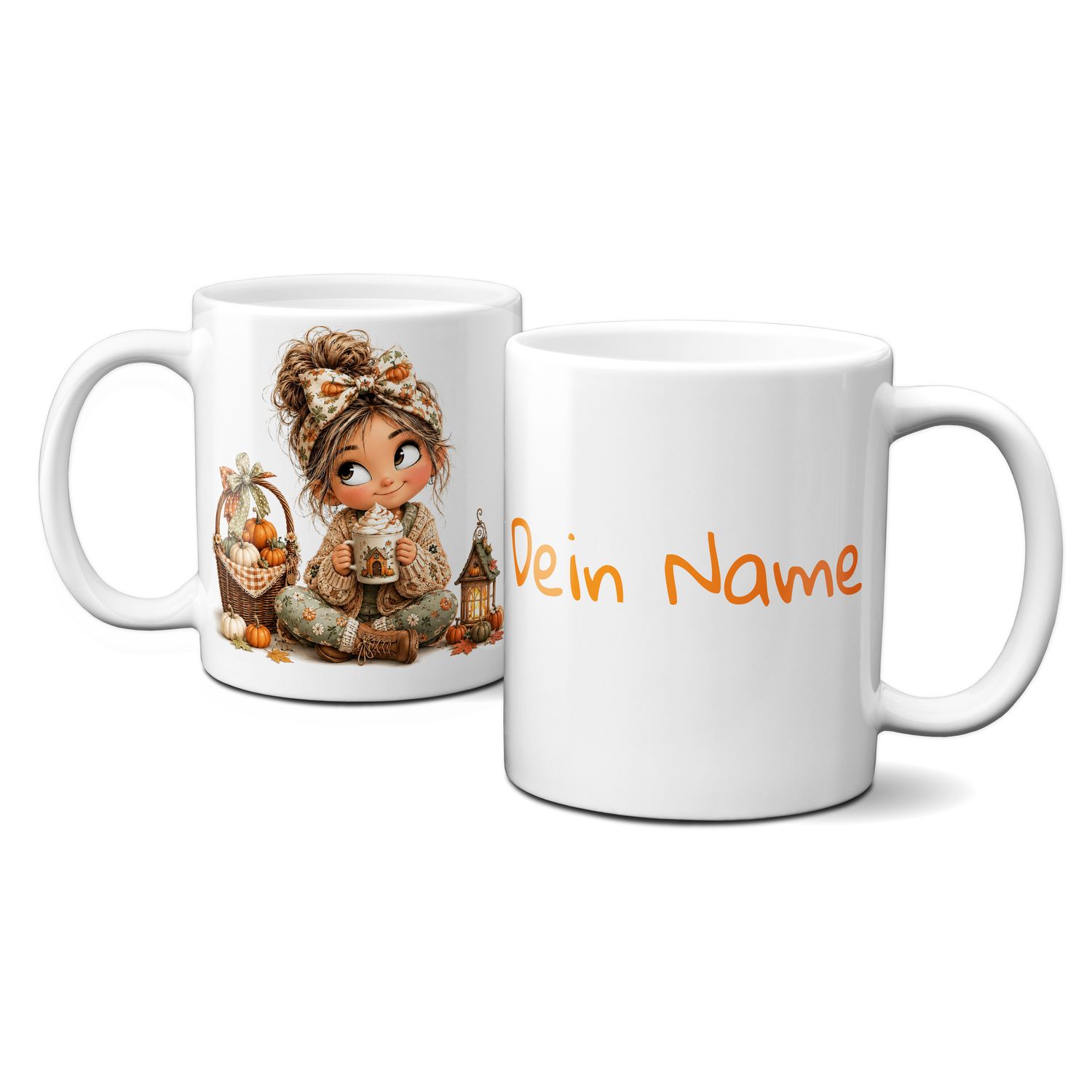 personalisierte Tasse mit tollen Herbstmotiven - Blätter Kürbis Goldener Herbst Mädchen