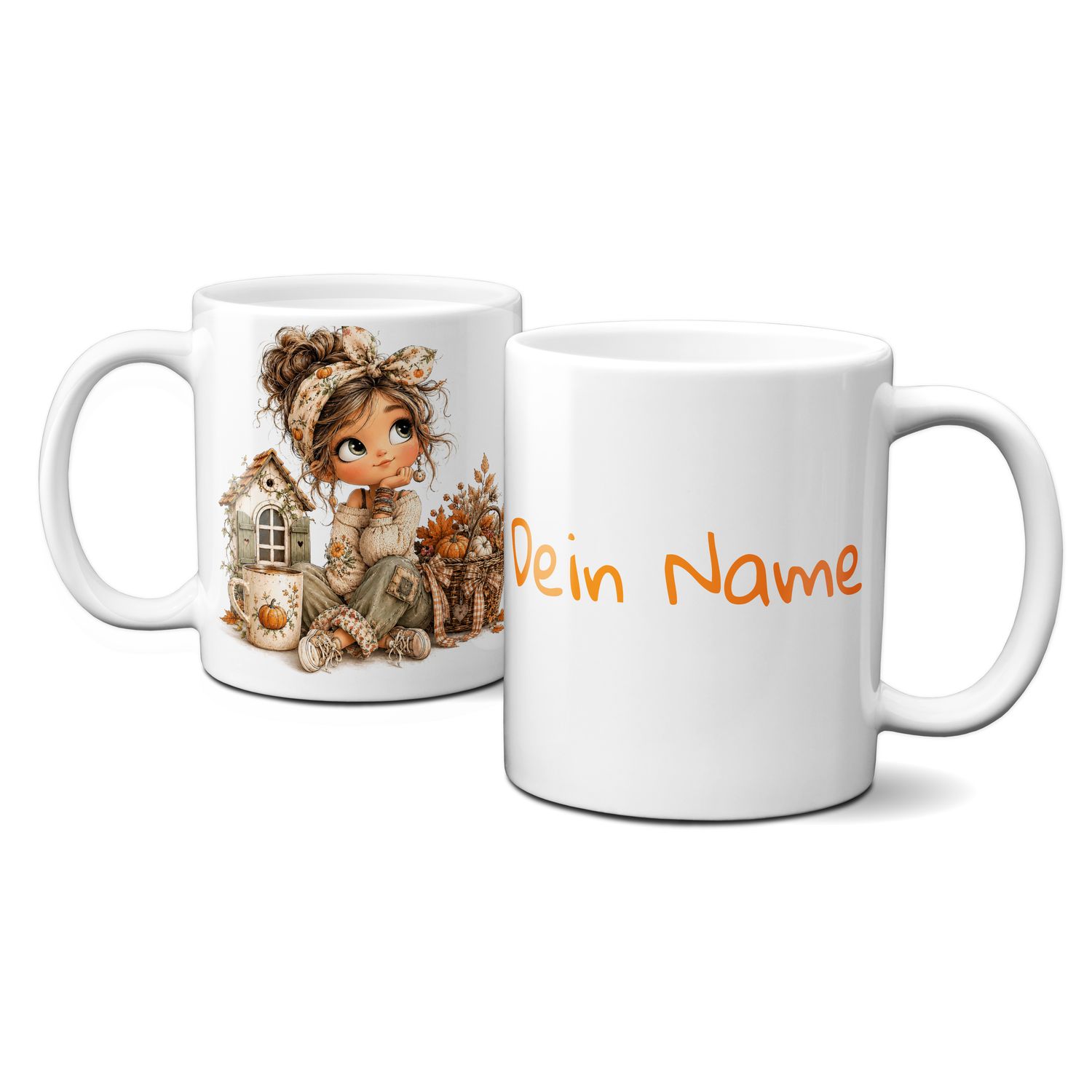 personalisierte Tasse mit tollen Herbstmotiven - Blätter Kürbis Goldener Herbst Mädchen