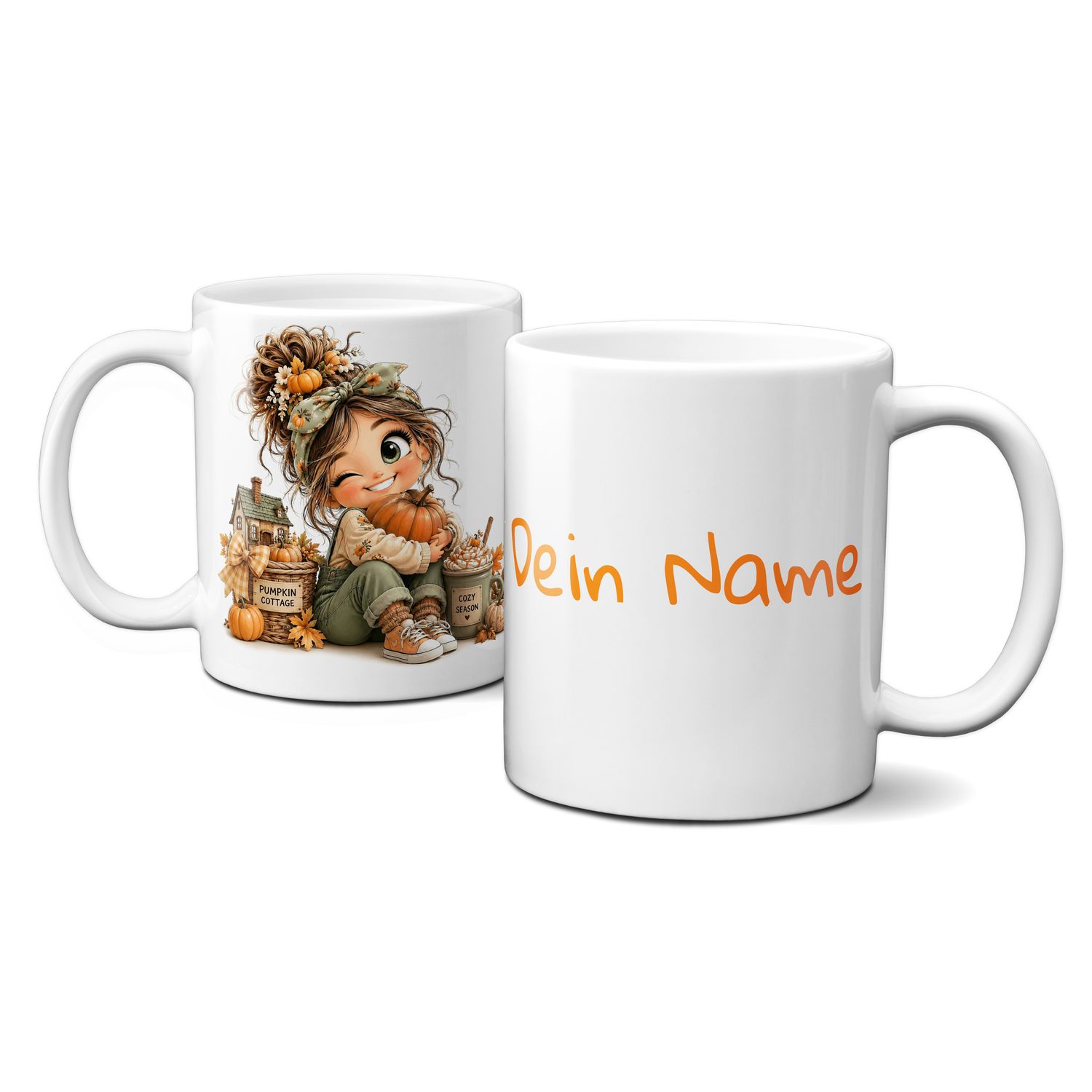 personalisierte Tasse mit tollen Herbstmotiven - Blätter Kürbis Goldener Herbst Mädchen