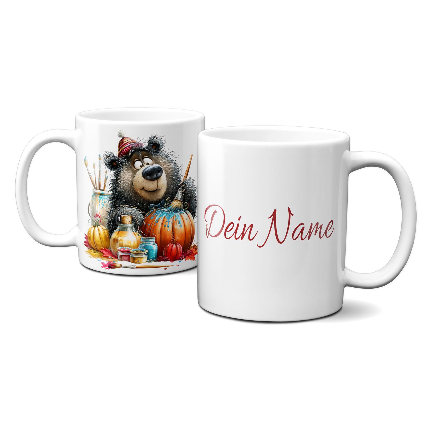 personalisierte Tasse mit tollen Herbstmotiven - Tiere Bär Goldener Herbst Kürbis bunte Farben