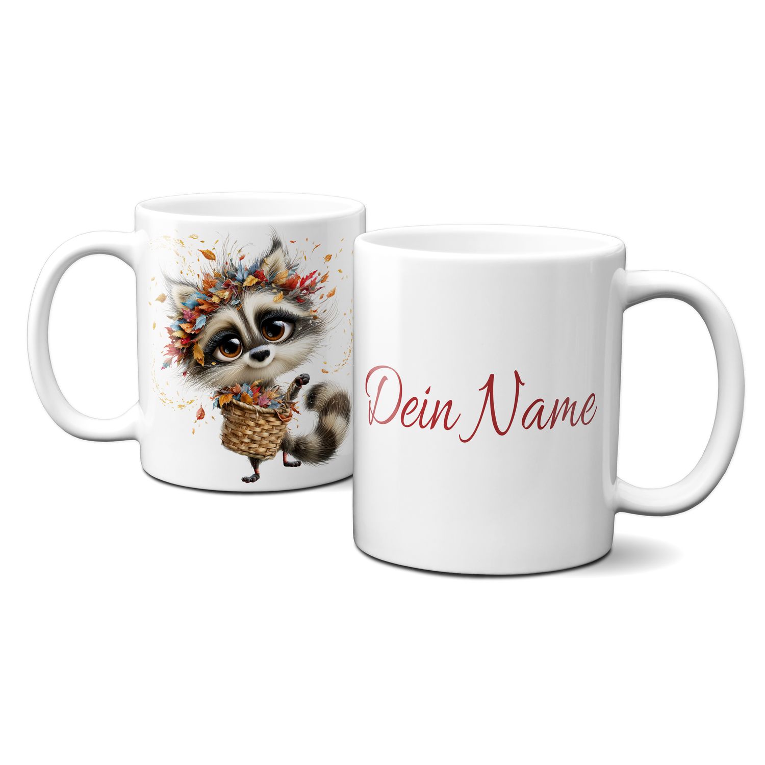 personalisierte Tasse mit tollen Herbstmotiven - Tiere Waschbär Goldener Herbst bunte Blätter