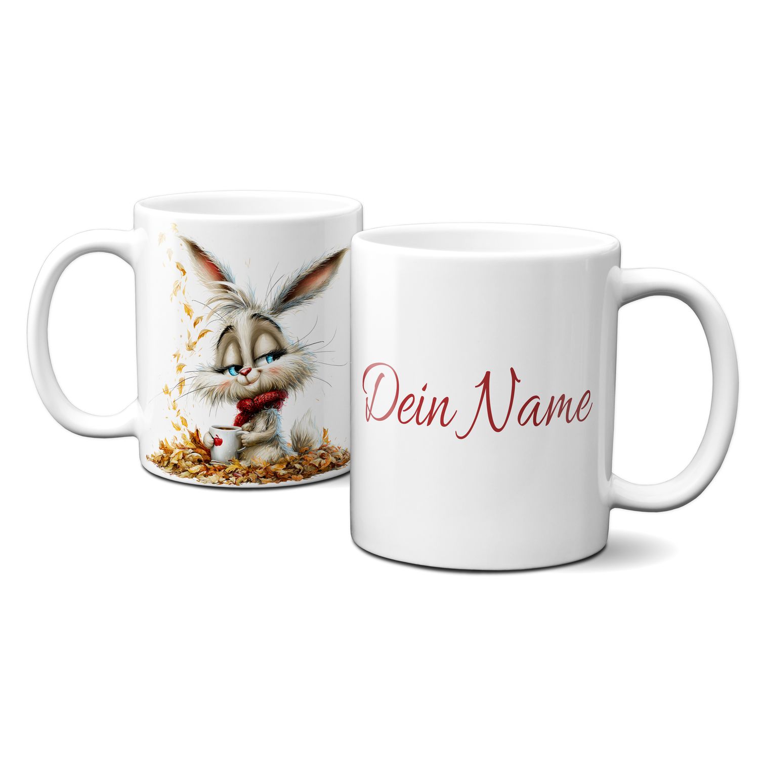 personalisierte Tasse mit tollen Herbstmotiven - Tiere Hase Goldener Herbst bunte Blätter Comic