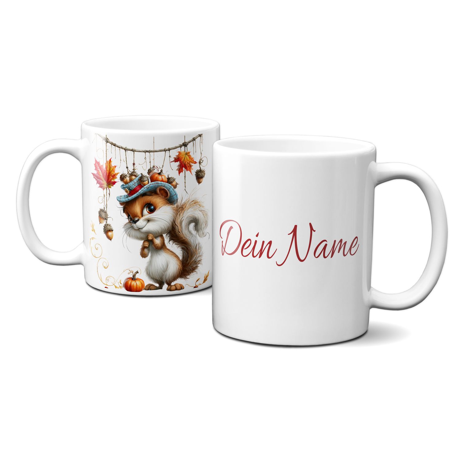 personalisierte Tasse mit tollen Herbstmotiven - Tiere Fuchs Goldener Herbst Blätter Kürbis Eicheln