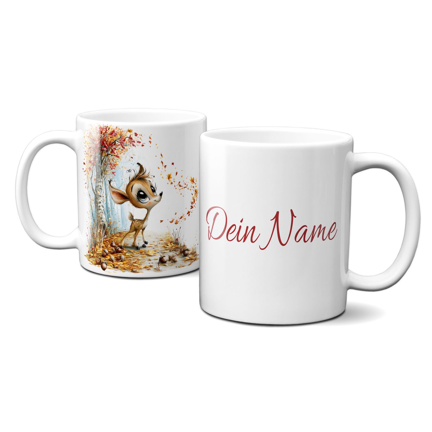 personalisierte Tasse mit tollen Herbstmotiven - Tiere Rehlein Goldener Herbst bunte Blätter Eicheln Baum