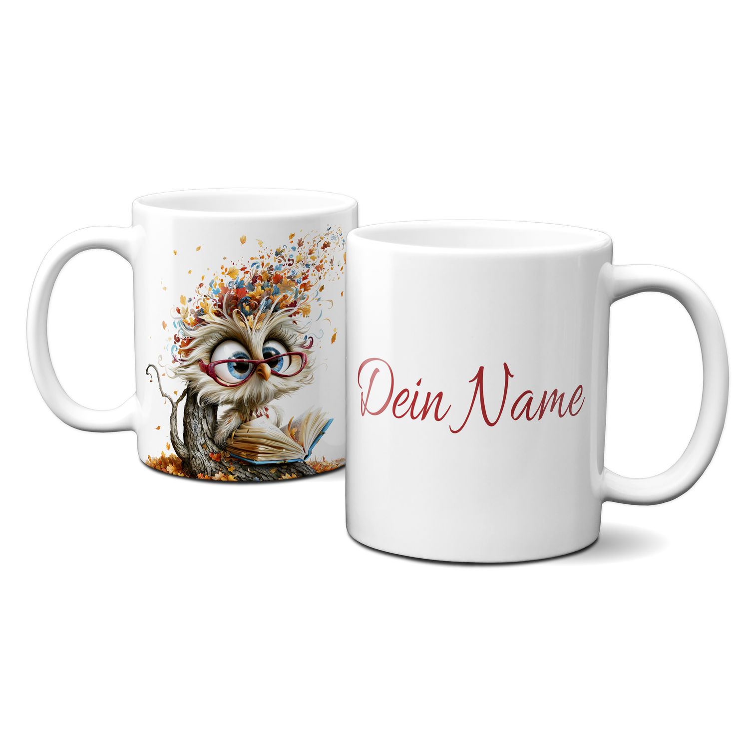 personalisierte Tasse mit tollen Herbstmotiven - Tiere Eule Goldener Herbst bunte Blätter Comic Baum Buch Brille