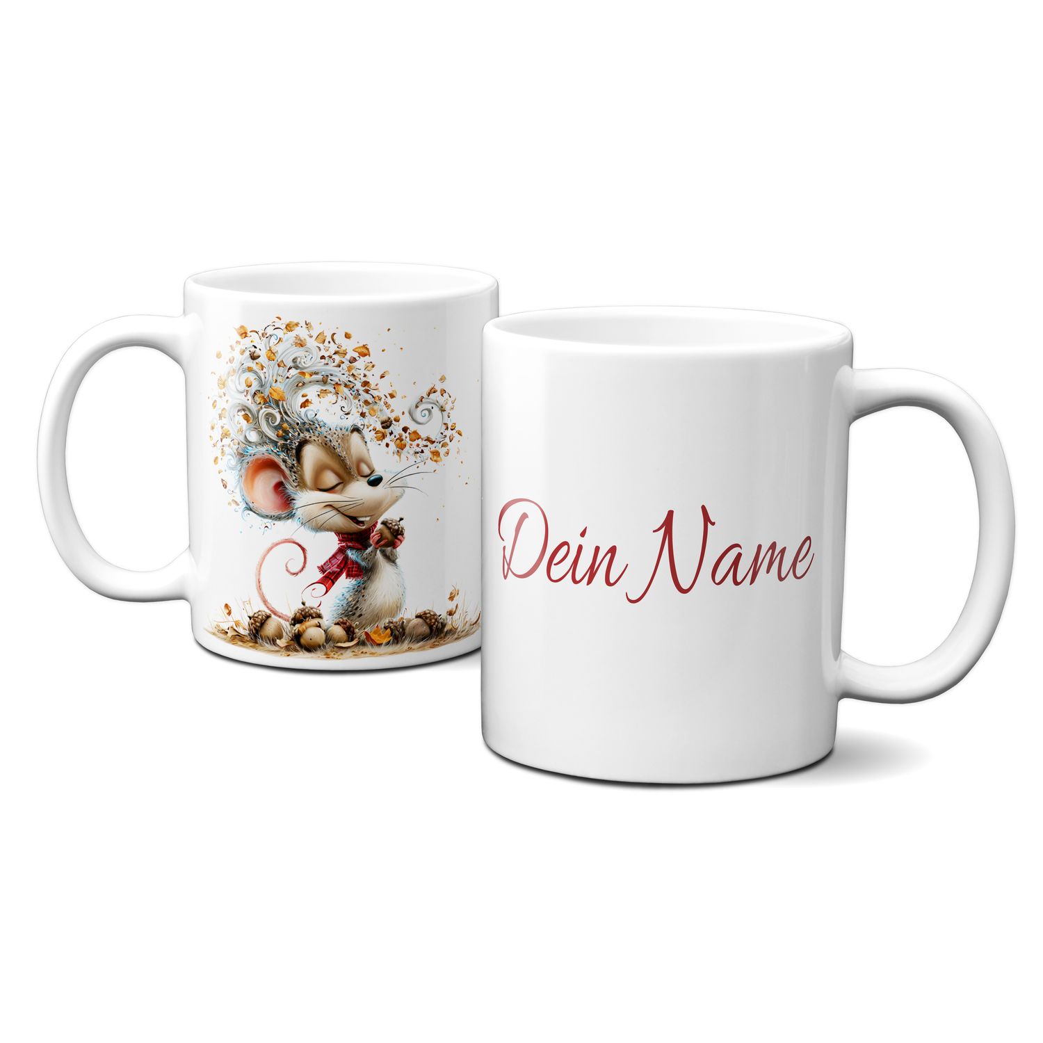 personalisierte Tasse mit tollen Herbstmotiven - Tiere Maus Goldener Herbst bunte Blätter Eicheln Baum